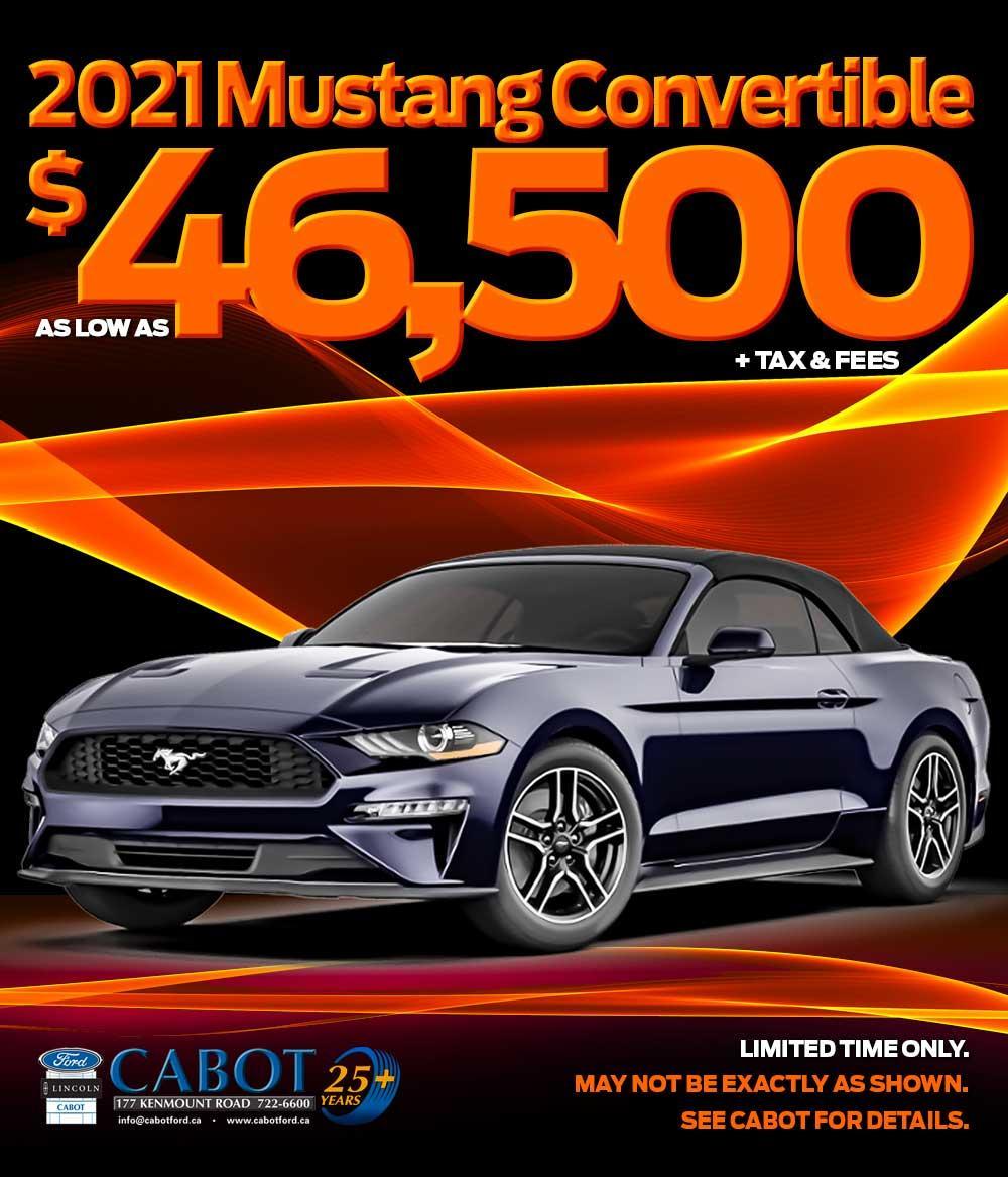 Get a 2021 MUSTANG CONVERTIBLE for AS LOW AS $46,500 + tax & fees. Get a 2021 MUSTANG CONVERTIBLE for AS LOW AS $46,500 + tax & fees.
