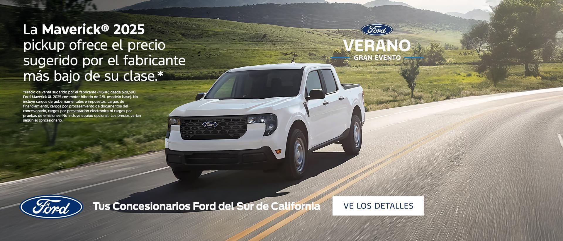 La camioneta Ford Maverick 2025 ofrece el precio de venta sugerido por el fabricante (MSRP) más bajo de cualquier camioneta en Estados Unidos. Consíguela en tu concesionario Ford del sur de California más cercano.