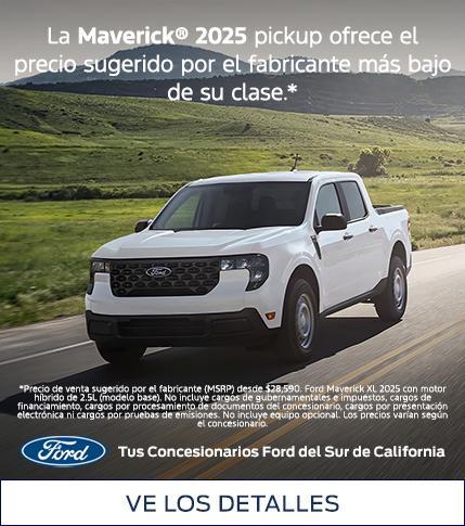 La camioneta Ford Maverick 2025 ofrece el precio de venta sugerido por el fabricante (MSRP) más bajo de cualquier camioneta en Estados Unidos. Consíguela en tu concesionario Ford del sur de California más cercano.