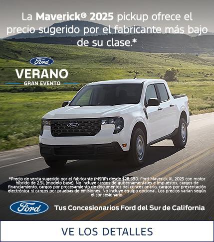 La camioneta Ford Maverick 2025 ofrece el precio de venta sugerido por el fabricante (MSRP) más bajo de cualquier camioneta en Estados Unidos. Consíguela en tu concesionario Ford del sur de California más cercano.