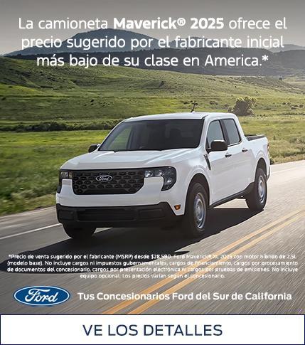 La camioneta Ford Maverick 2025 ofrece el precio de venta sugerido por el fabricante (MSRP) más bajo de cualquier camioneta en Estados Unidos. Consíguela en tu concesionario Ford del sur de California más cercano.