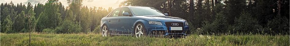 Blue Audi sedan in a field