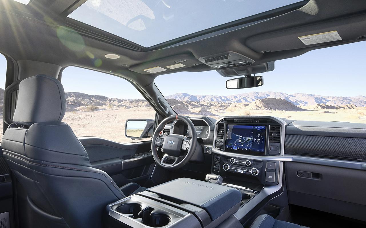 Interior view of the 2022 F-150 Raptor® looking at the drivers seat and out the front window