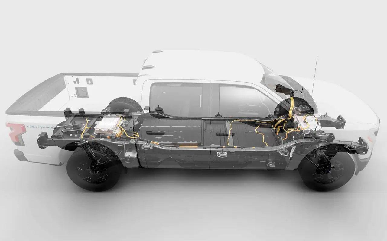 Clear view of the electronics and mechanics underneath a 2022 Ford F-150 Lightning