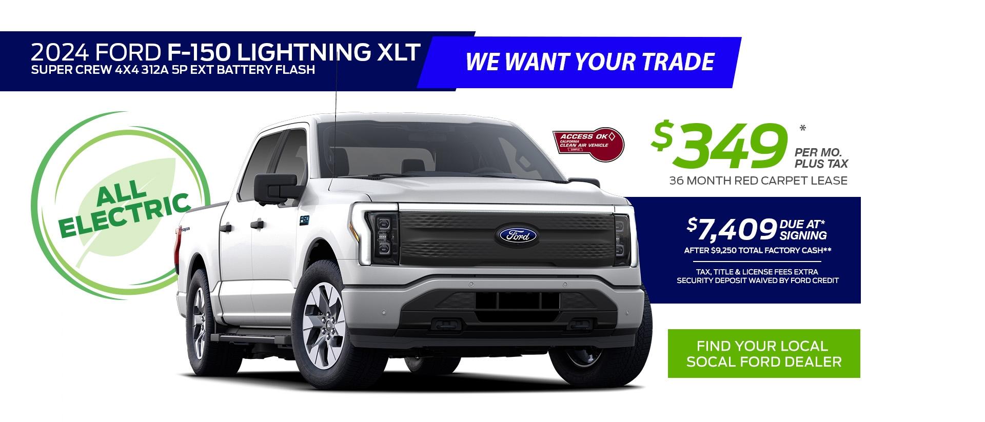 Special Offers for RAM Owners | 2024 Ford F-150 Lightning XLT Super Crew 4x4 312A 5P Extended Battery Flash Lease Offer | Southern California Ford Dealers