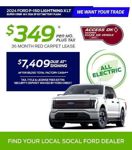 Special Offers for RAM Owners | 2024 Ford F-150 Lightning XLT Super Crew 4x4 312A 5P Extended Battery Flash Lease Offer | Southern California Ford Dealers