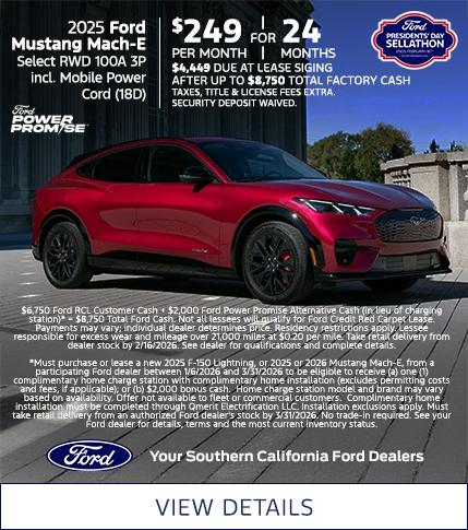 Ford Presidents Day Sellathon 2026 | 2025 Ford Mustang Mach-E Lease Offer | Southern California Ford Dealers Ford Presidents Day Sellathon 2026 | 2025 Ford Mustang Mach-E Lease Offer | Southern California Ford Dealers